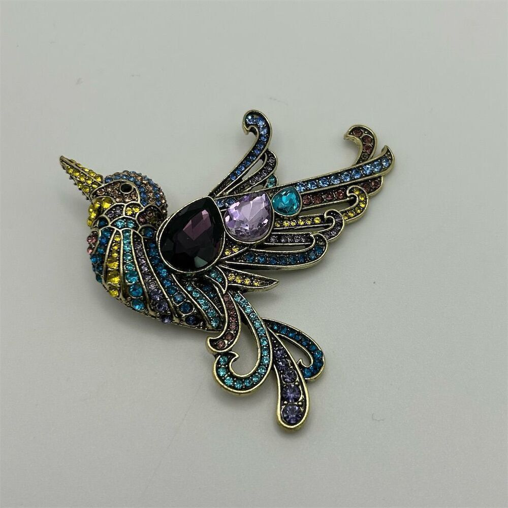 Vibrant Purple, Blue & Green Hummingbird Rhinestone Large Statement Brooch - Picture 3 of 8